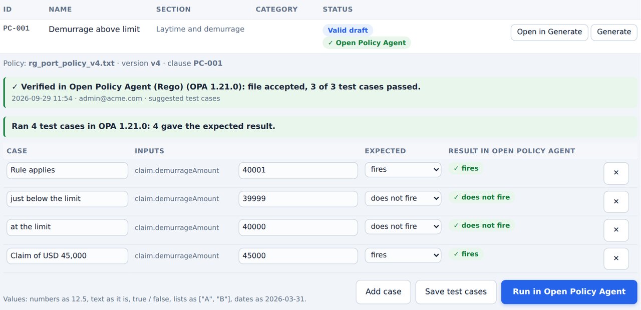 A rule verified in Open Policy Agent, with editable test cases and their results in the engine
